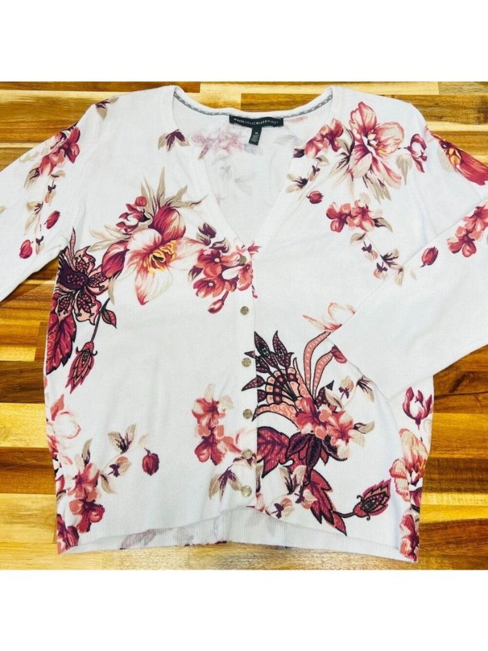 White floral button up front sweater, White House Black Market